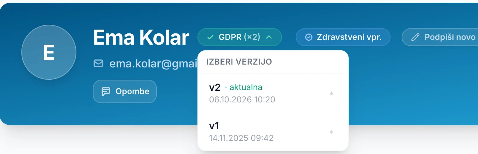 Kartica stranke z oznakami podpisanih soglasij in različicami