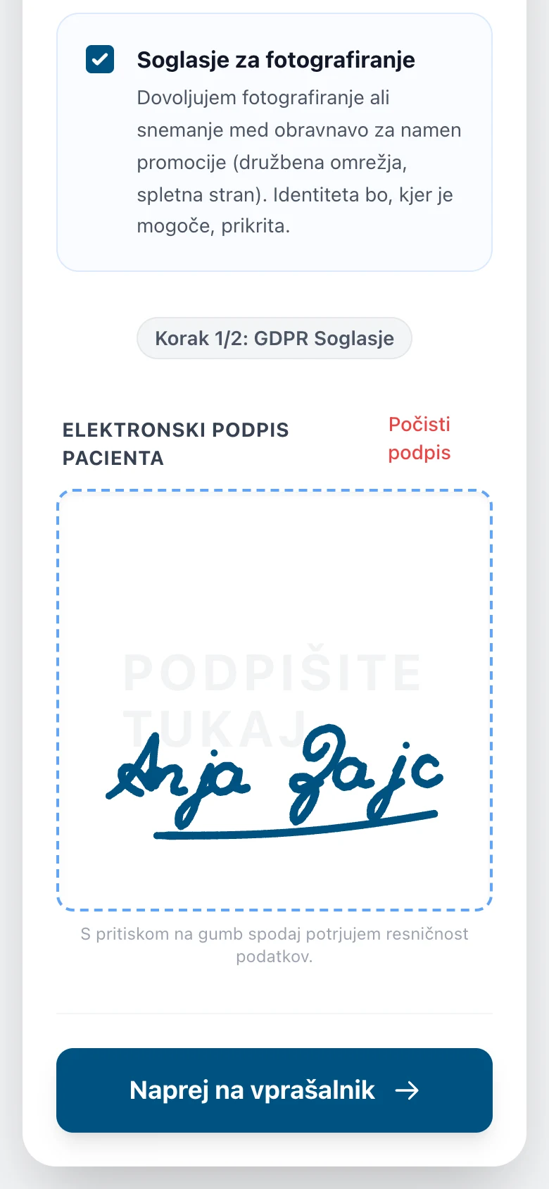 GDPR soglasje s podpisom na telefonu stranke