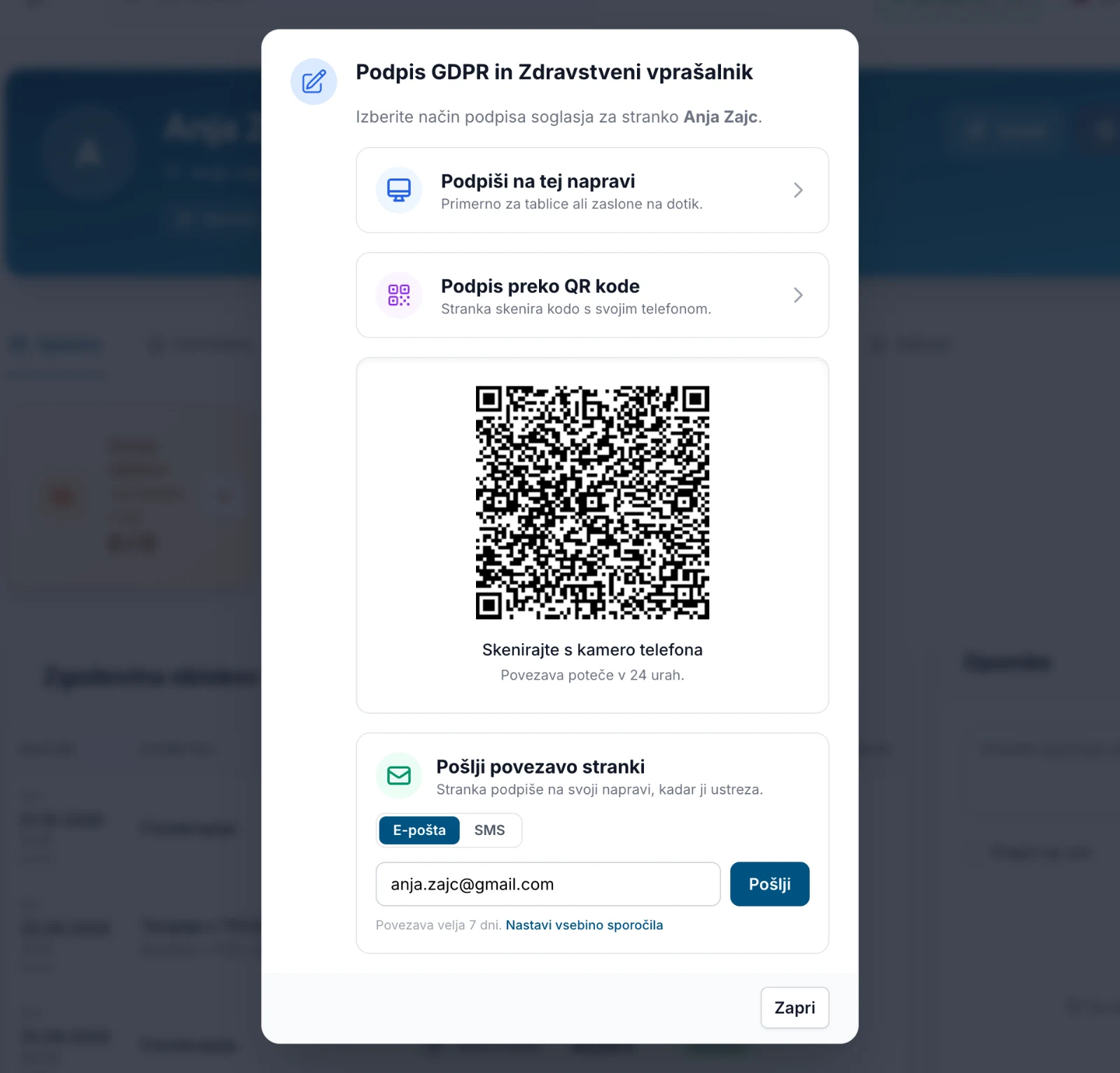 Podpis soglasja prek QR kode na kartici stranke
