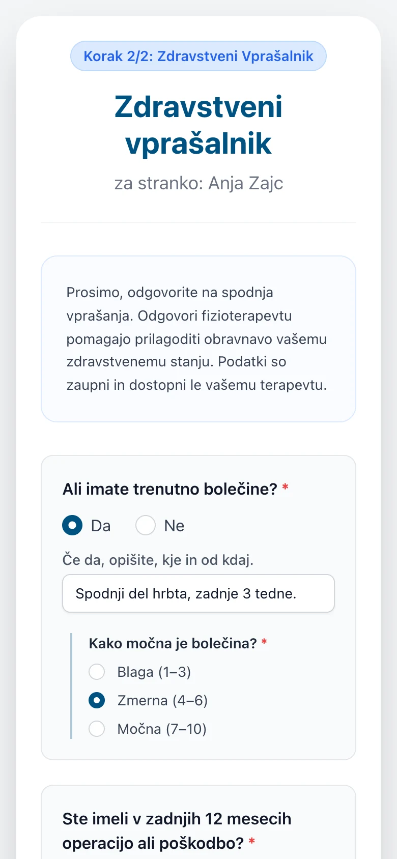 Zdravstveni vprašalnik, ki ga stranka izpolni na telefonu