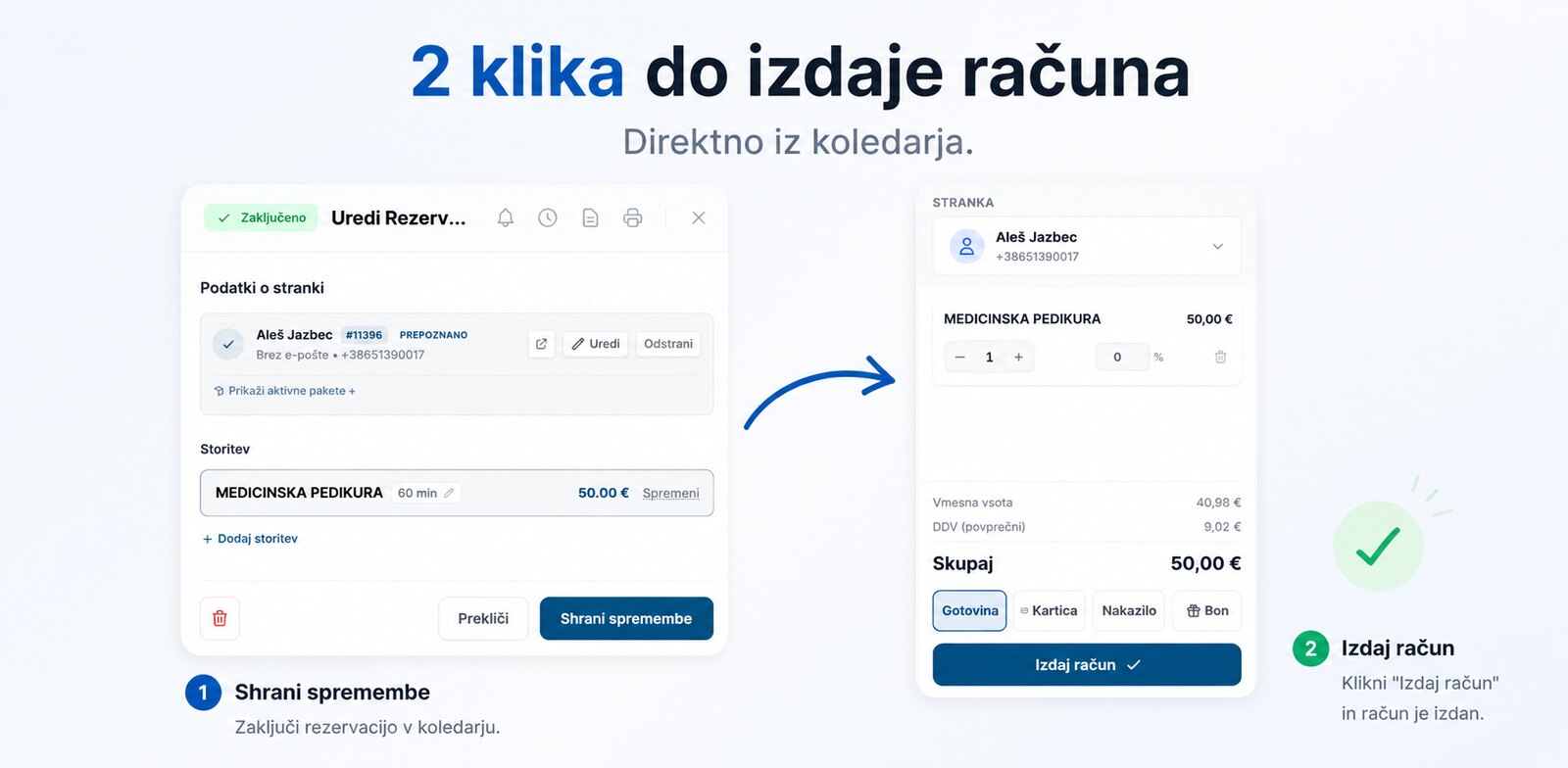 Račun se izda iz odprte rezervacije v dveh klikih: shrani spremembe, nato izdaj račun.